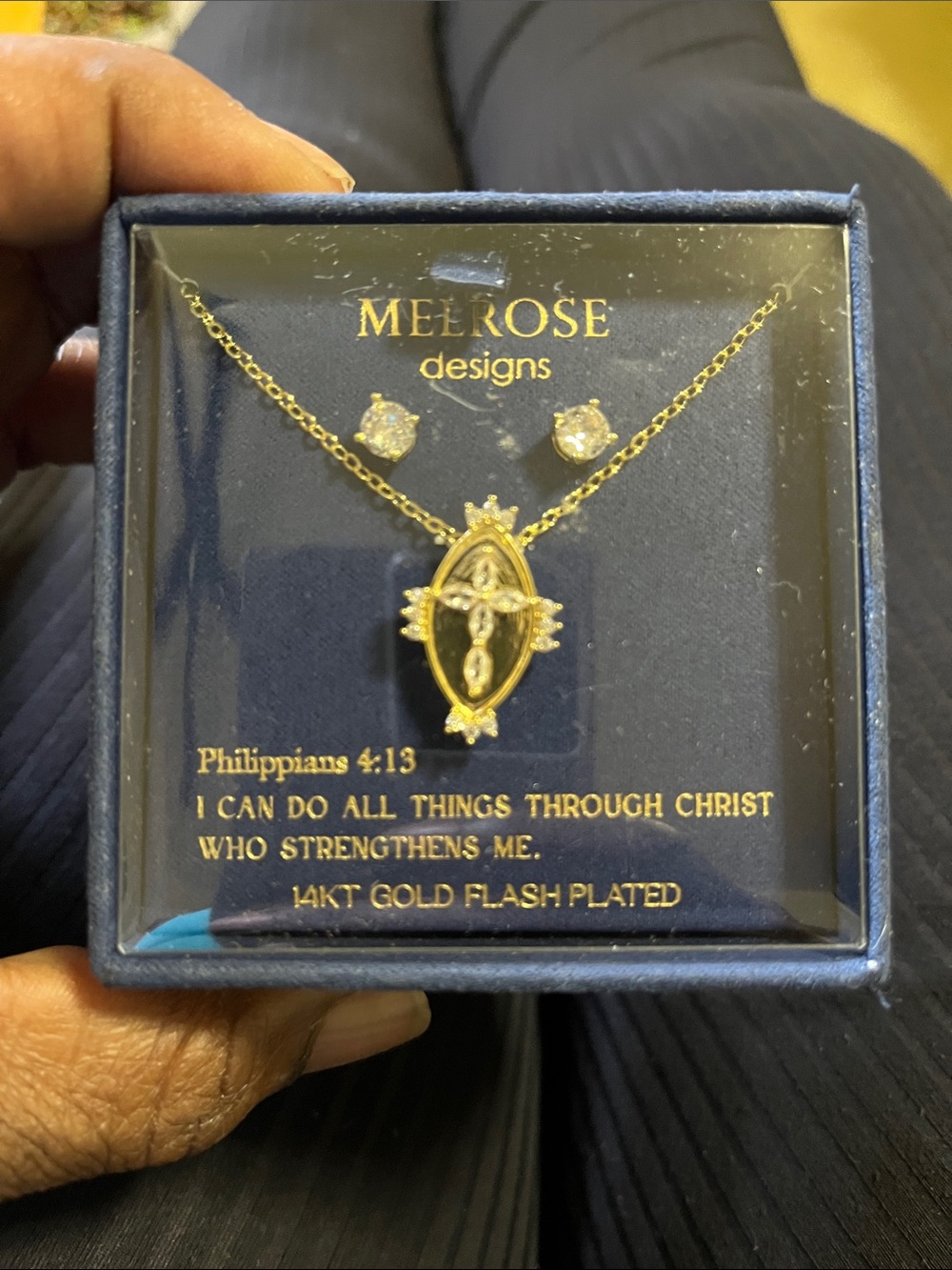 14K gold flash plated cross pendant with CZ earrings